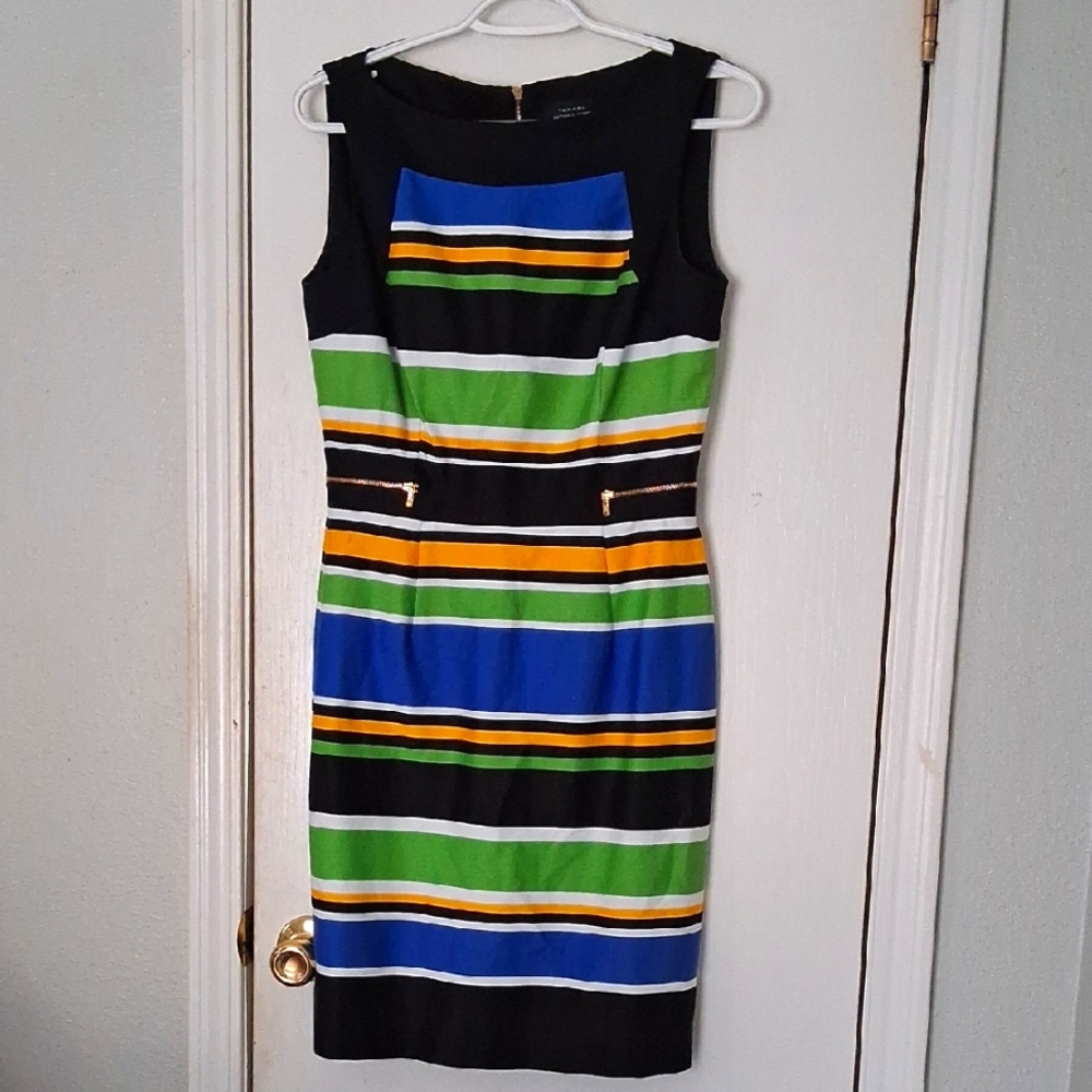 Tahari ASL Striped Multicolor Fitted Sleeveless Shift Dress Sz 4